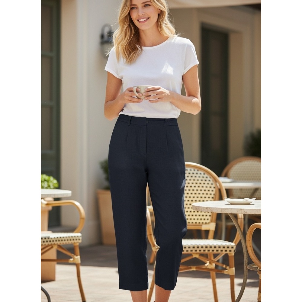 Larry Levine Sport Linen Straight Leg Crop Pants Women 12 Black Dress Officecore